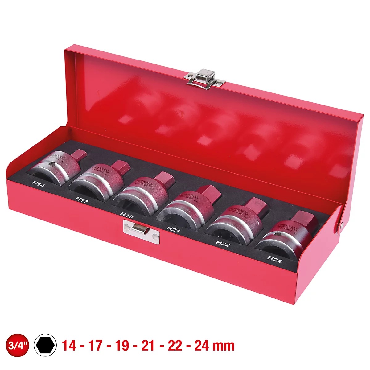 Rote Werkzeugkiste mit sechs Steckschlüsseln, beschriftet mit Größenangaben. Aufschrift: "3/4"" und Größen.